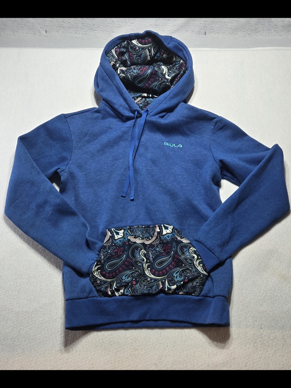 Bula Women's Blue Hoodie with Paisley Lined Kangaroo Pocket and Hood Lining